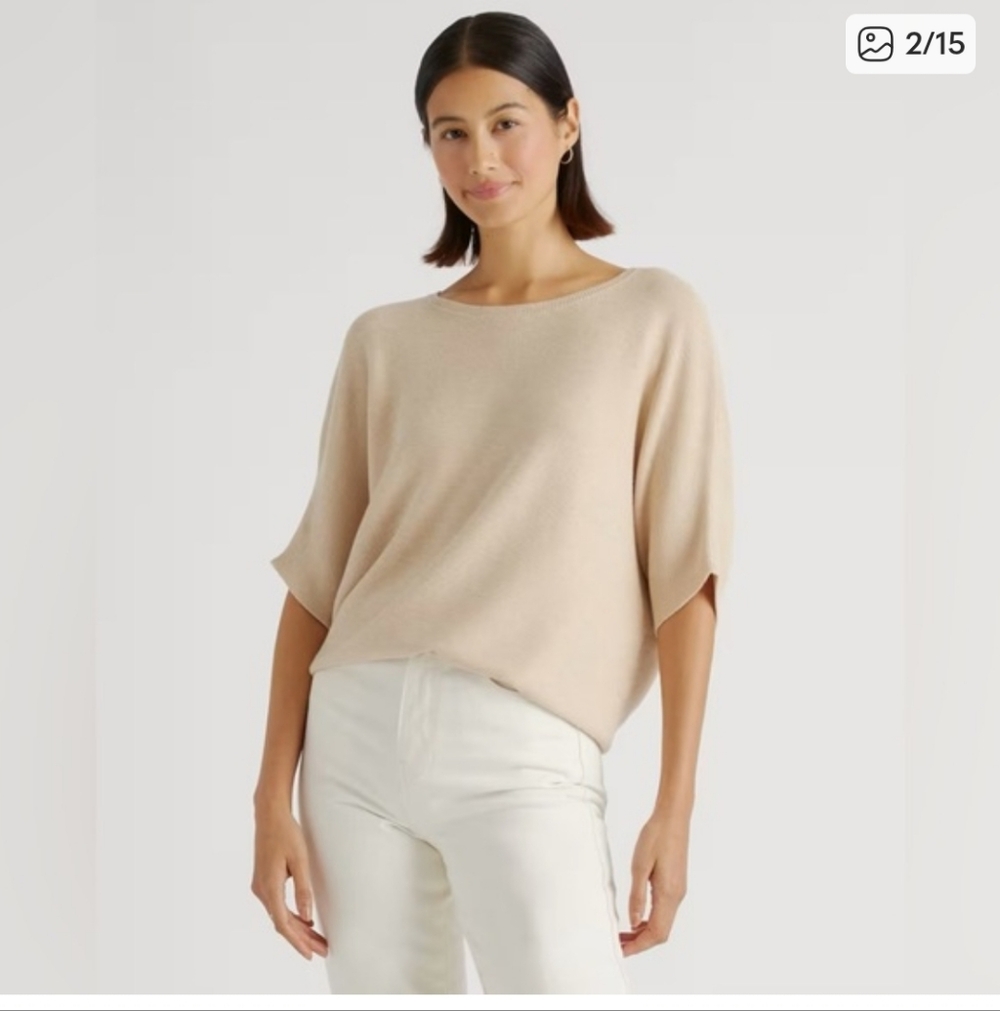 Quince Lightweight Cotton Cashmere Dolman Sweater Size M, Color: Sugar Stone